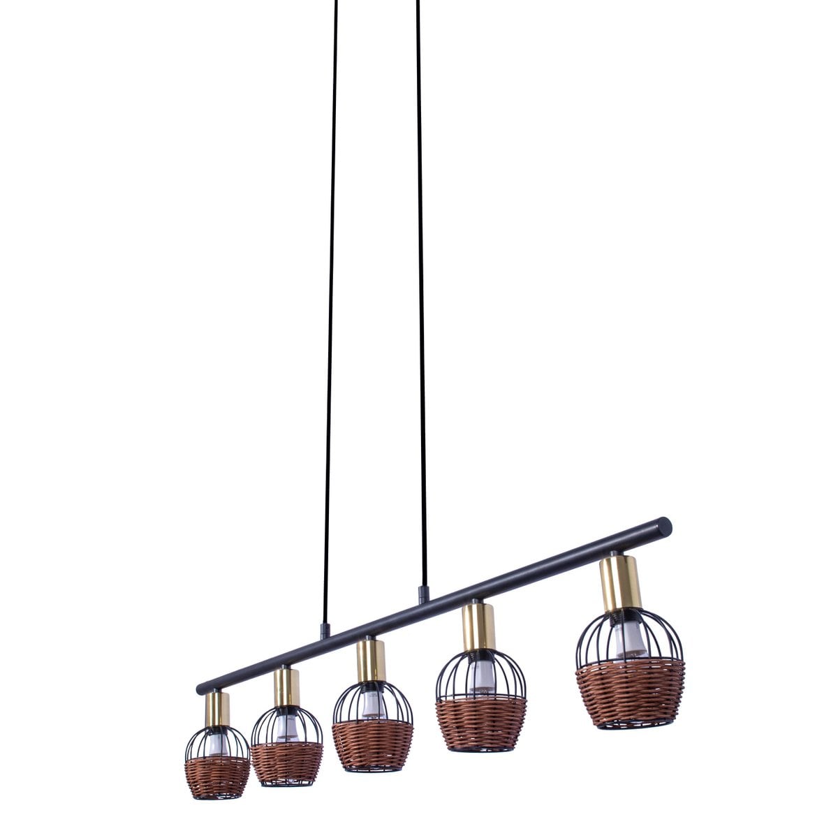 5 hanglamp "Corbis", echtelijke lamp gemaakt van zwart in zwart, met goud en rotan, met E14 -aansluiting, voor eetkamer, woonkamer, gang of kantoor, 100 cm lang