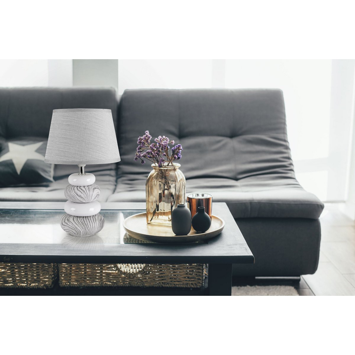 Keramische tafellamp "Stoney", modern., Keramische tafellamp in grijs, met E14 -aansluiting, tafellamp voor eetkamer, woonkamer, gang of kantoor, of als een bedlamp, 31 cm hoog