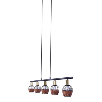 5 hanglamp "Corbis", echtelijke lamp gemaakt van zwart in zwart, met goud en rotan, met E14 -aansluiting, voor eetkamer, woonkamer, gang of kantoor, 100 cm lang