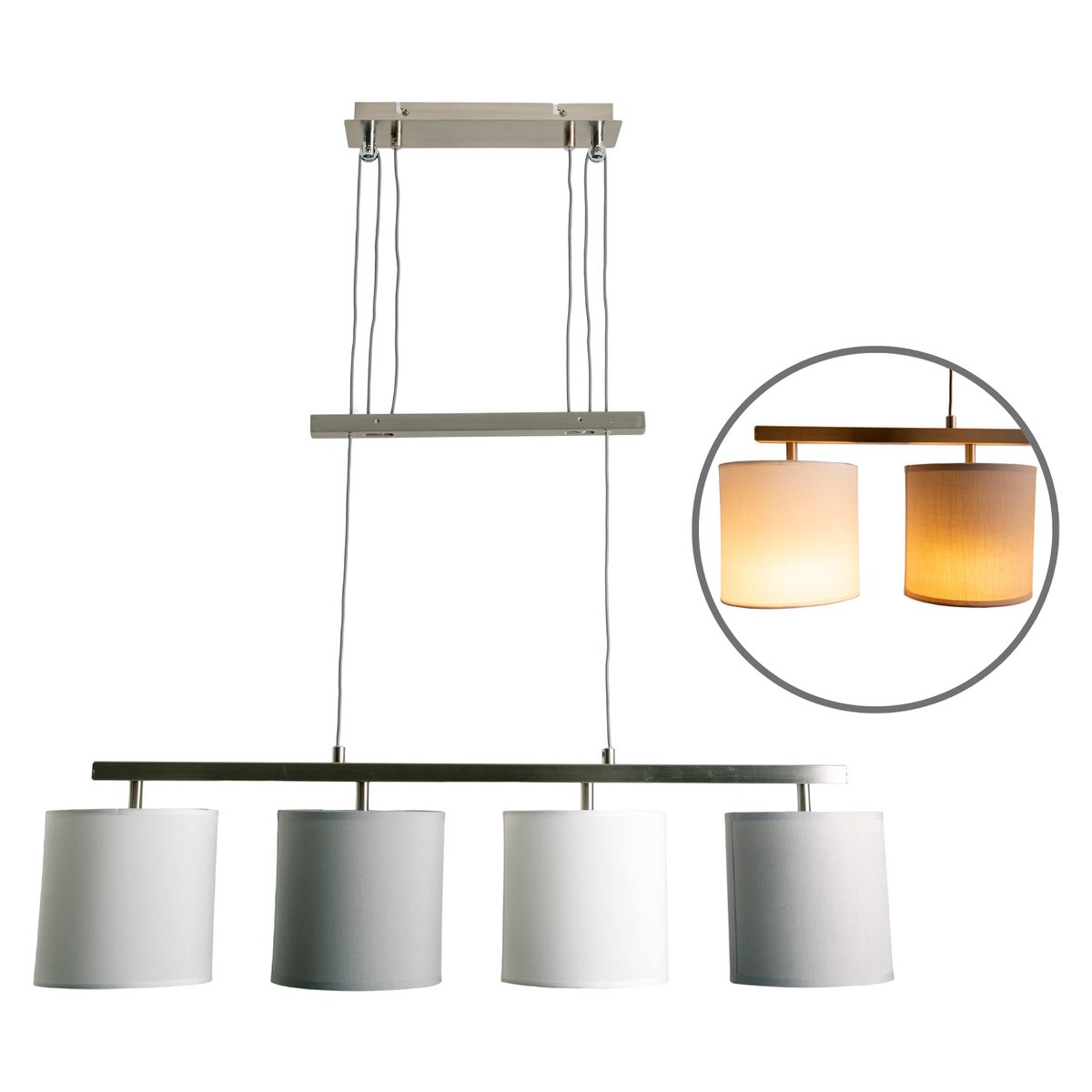 4 hanglamp "tilde", klassieke metalen slinger lamp en textiel in grijs en wit, met E27 -frame, hoogte verstelbaar, 86 cm lang, ideaal als eetlamp