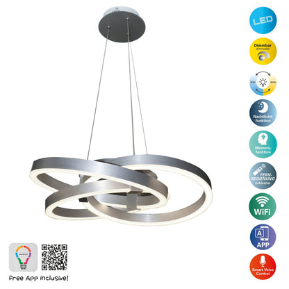 Smart Home LED hanglamp "Divora" Ø 58 cm, plafondlamp gemaakt van metaal, aluminium geborsteld en wit plastic, met veel functies, stevig gebouwd -in LED's, verlichting voor woonkamer, eetkamer kantoor of gang