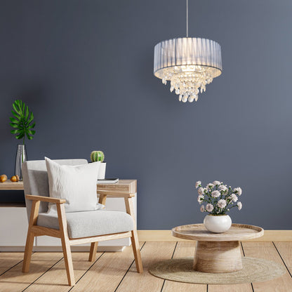 Deko hanglamp "Crystallo", hanglamp gemaakt van metaal, transparant plastic en grijs textielmateriaal, E27 -aansluiting, voor eetkamer, woonkamer, gang of kantoor, 30 cm diameter