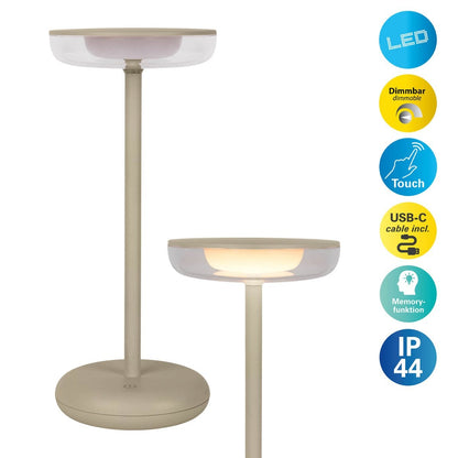Noteloze tabletlicht "Pasi" voor buiten en binnen, gemaakt van metaal en plastic in beige, dimable, met aanraking en geheugenfunctie, ca. 26 cm hoog