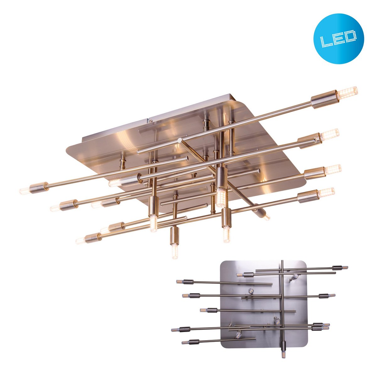 LED -plafondlamp "Ancona" met achtergrondverlichting gemaakt van metaal in roestvrijstalen optiek, G9 -versies, lamp voor woonkamer, eetkamer, gang en kantoor, ca. 71 x 70 cm