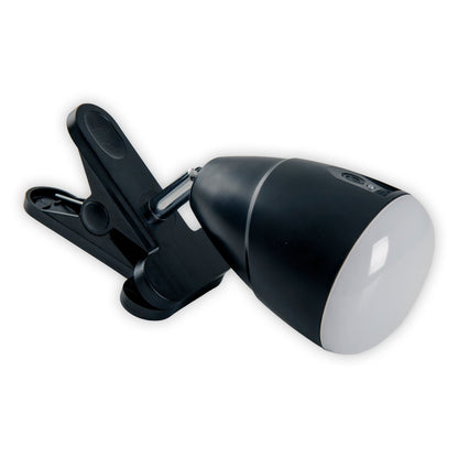 LED -klemlamp gemaakt van metaal en plastic in het zwart, met geïntegreerde LED's