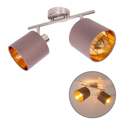 Muur en plafondlamp met 2 zitplaatsen "Maron" gemaakt van metalen satine-meter met stof paraplu's in bruin, met E14-aansluiting, lamp voor woonkamer, eetkamer, gang en kantoor, 46 x 12 cm