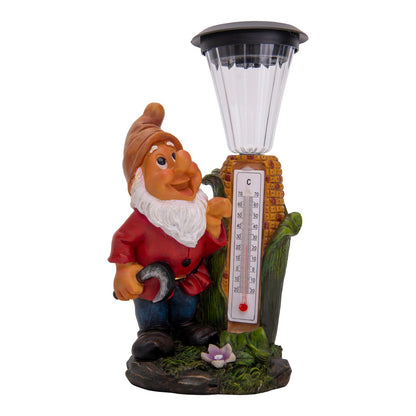 LED -decoratie Solar Light "Dwarf" met thermometer gemaakt van geschilderde polyresin, ongeveer 26 cm hoog en uitgerust met stevig geïnstalleerde LED's