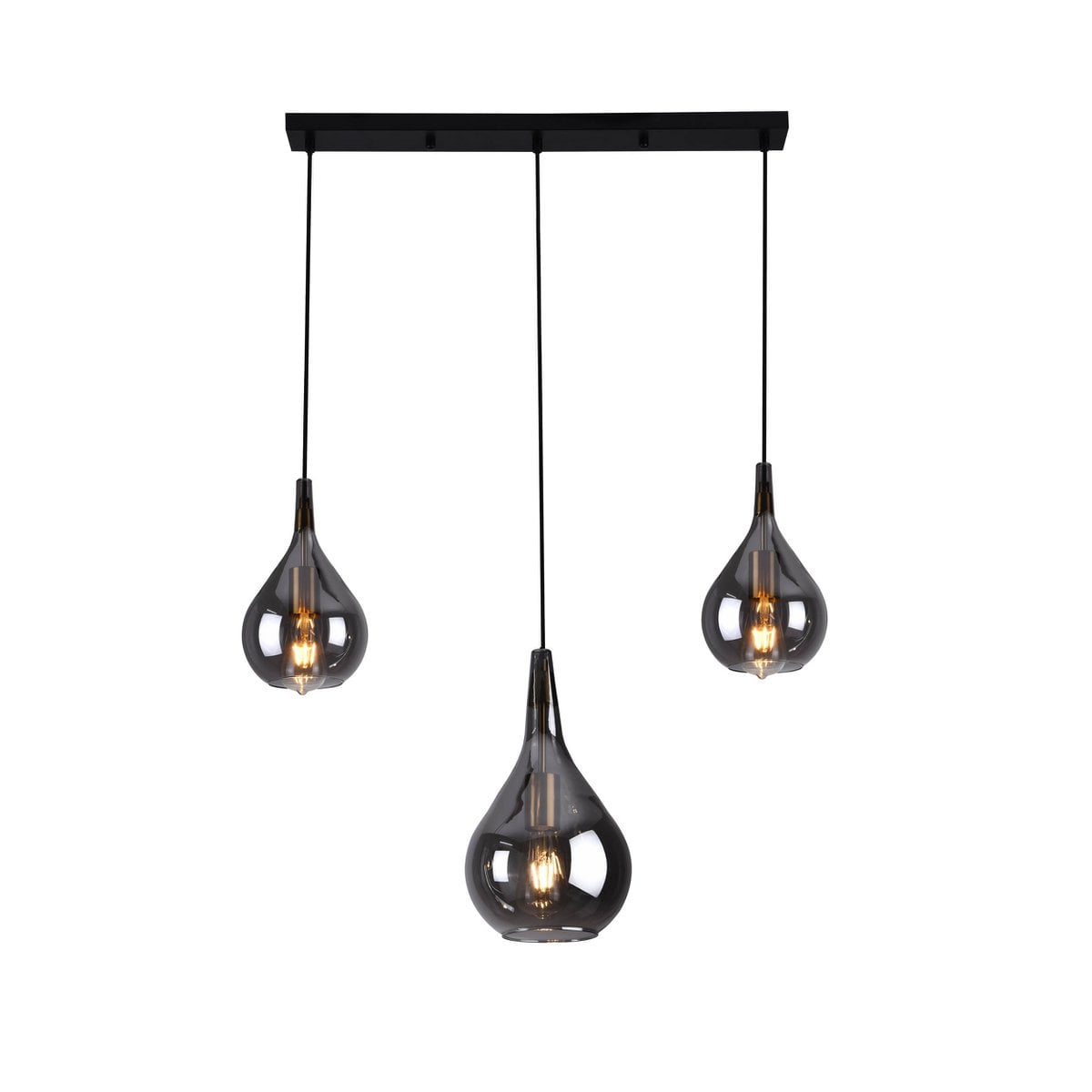 3-be hanglamp "Gota", retro klassieke hanglamp gemaakt van zwart rookglas met E27-frames, 88 cm lang, 150 hoog, ideaal voor eetkamer, woonkamer en keuken.