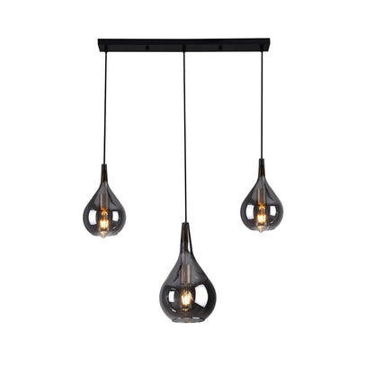 3-be hanglamp "Gota", retro klassieke hanglamp gemaakt van zwart rookglas met E27-frames, 88 cm lang, 150 hoog, ideaal voor eetkamer, woonkamer en keuken.