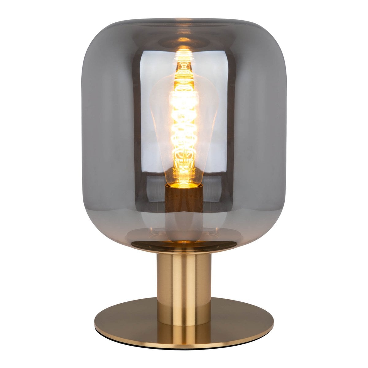 Glazen tafellicht "Alessio", 30 cm hoog, Ø 20 cm, goudkleurig metaal, rookglas, E14