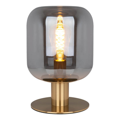 Glazen tafellicht "Alessio", 30 cm hoog, Ø 20 cm, goudkleurig metaal, rookglas, E14