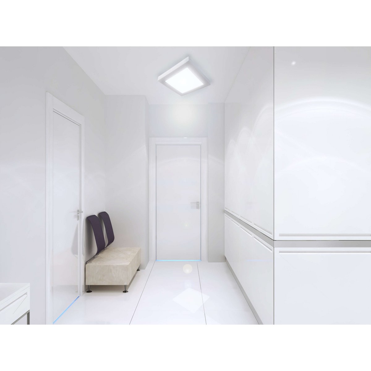 LED -assemblagepaneel kloppend lamp gemaakt van lichtgrijs aluminium en wit plastic met stevig ingebouwde LED's, 16,8 x 16,8 cm kantoren, praktijken en andere interieurs