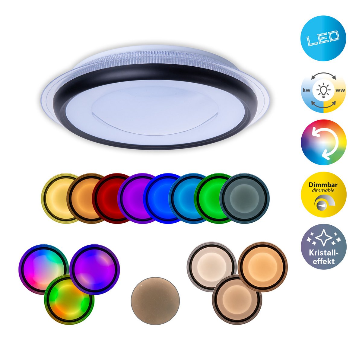 LED -plafondlicht "Canna" gemaakt van metaal en plastic, dimbaar met afstandsbediening, kleurverandering van warm wit naar koud wit naar kleurrijk, stevig ingebouwd -in LED's, plafondlamp voor woonkamer, eetkamer, keuken of gang met 45 cm diameter