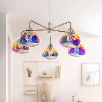 LED-hanger Lamp 5-Flame "Varna", hanglamp gemaakt van messing gekleurd metaal- en irisglas, stevig ingebouwde LED's, 50 cm diameter, stijlvolle verlichting voor woonkamer, eetkamer of gang