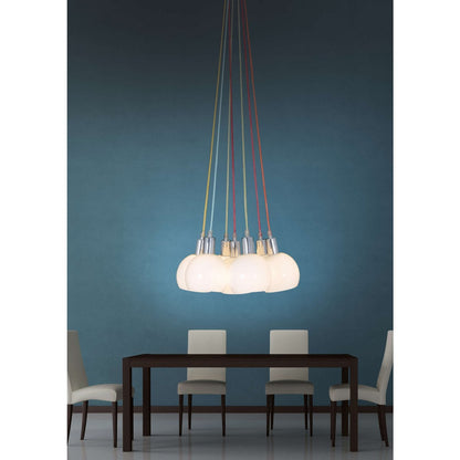 Hanglamp "regenboog-bowl" in totaal 120 cm hoog, 7 glazen schermen Ø 16 cm, gemaakt van chroomkleurig metaal, opaalwit glas en kleurrijke voeding, E14-versies