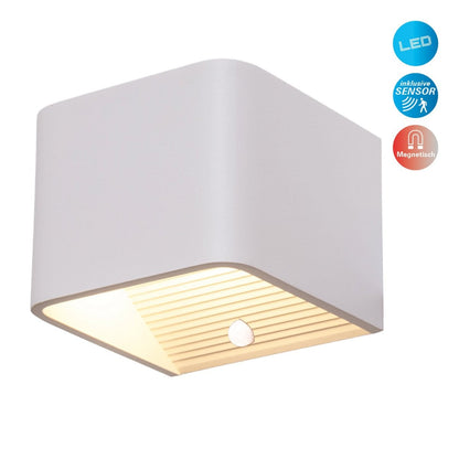 Noteloze wandlicht "kubus" magnetisch, ca. 10 x 10 cm, gemaakt van wit metaal, met bewegingssensor