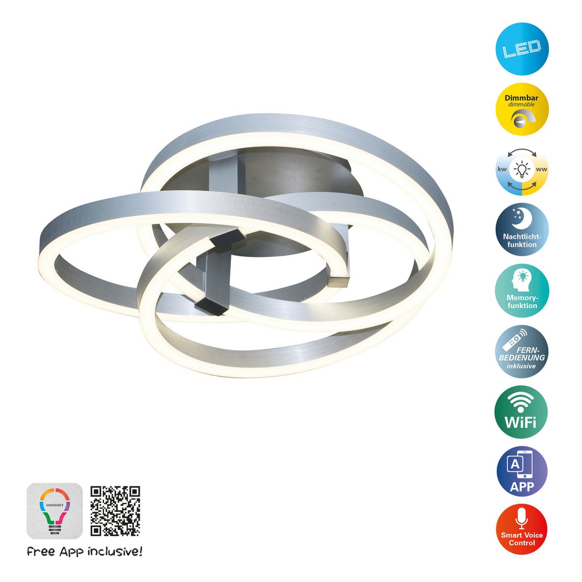 Smart Home LED plafondlicht "Divora" Ø 70 cm, plafondlamp gemaakt van metaal, aluminium geborsteld en wit plastic, met veel functies, stevig gebouwd -in LED's, verlichting voor woonkamer, eetkamerkantoor of gang