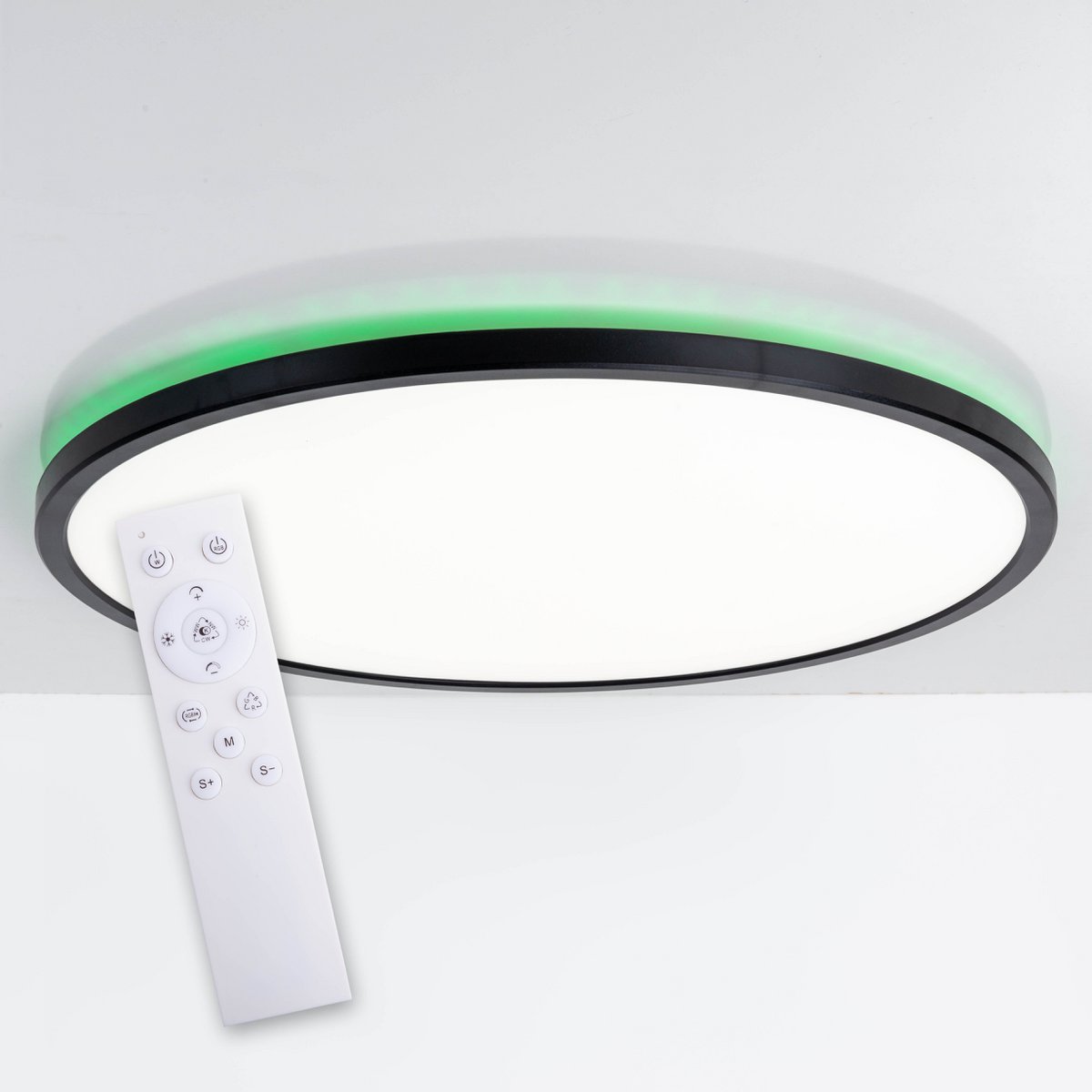 Het LED-plafondlicht "Carlo" met RGB-backlight, Ø van 29,3 cm, klassiekmoderne plafondlicht gemaakt van zwart/wit plastic met veel functies, b.v.