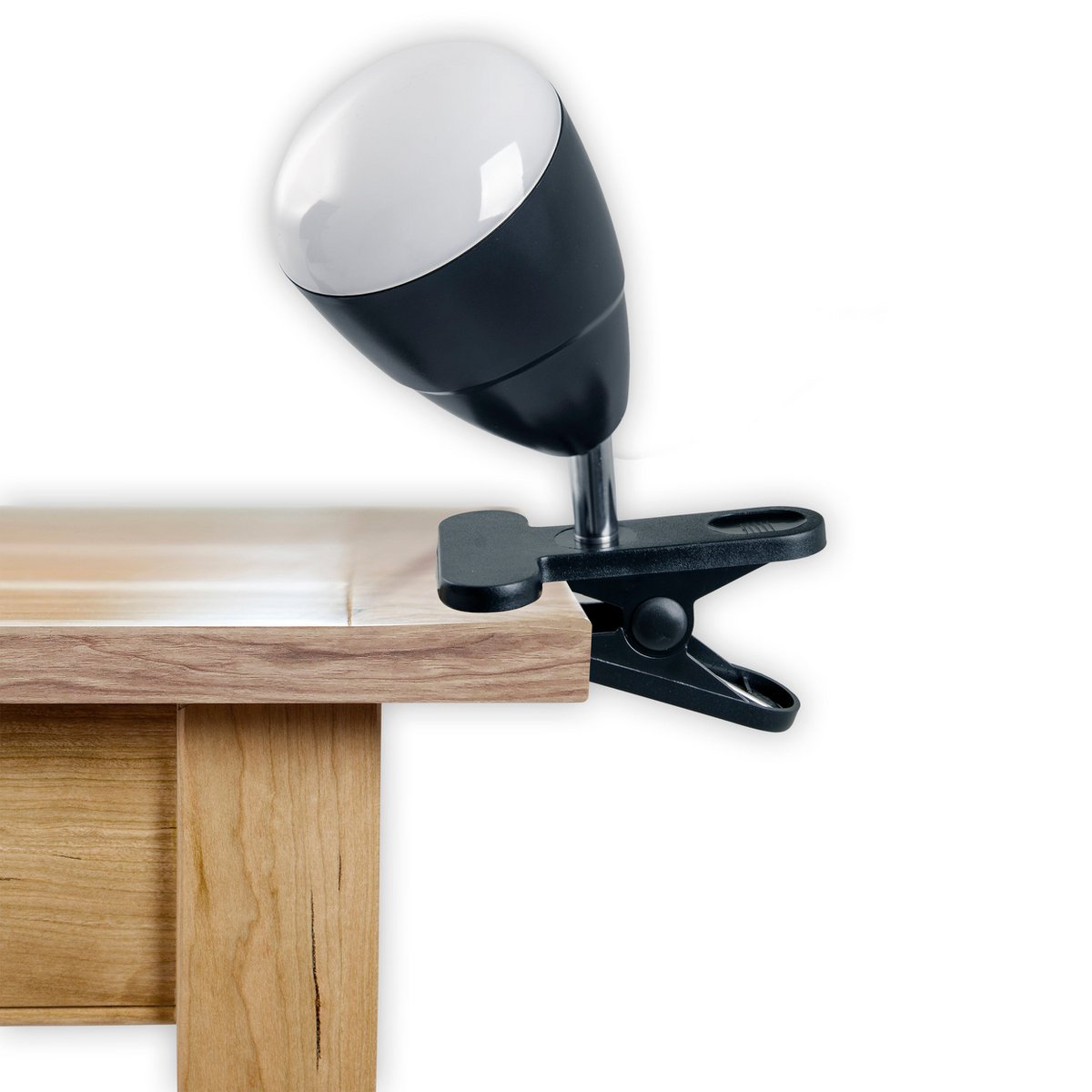 LED -klemlamp gemaakt van metaal en plastic in het zwart, met geïntegreerde LED's