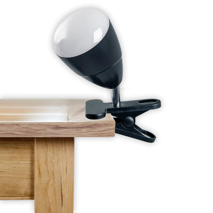 LED -klemlamp gemaakt van metaal en plastic in het zwart, met geïntegreerde LED's