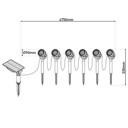 Solar / EarthSpout 6 Set "nomi" ca. 475 cm lang, gemaakt van zwart plastic, warm wit