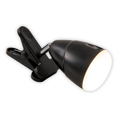 LED -klemlamp gemaakt van metaal en plastic in het zwart, met geïntegreerde LED's