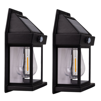 2 Set Solar Wall Lamp "Mira" ca. 17 cm hoog, gemaakt van zwart weerbestendig plastic, geïntegreerde LED in warm wit, inclusief bewegingsdetector en schemeringsensor
