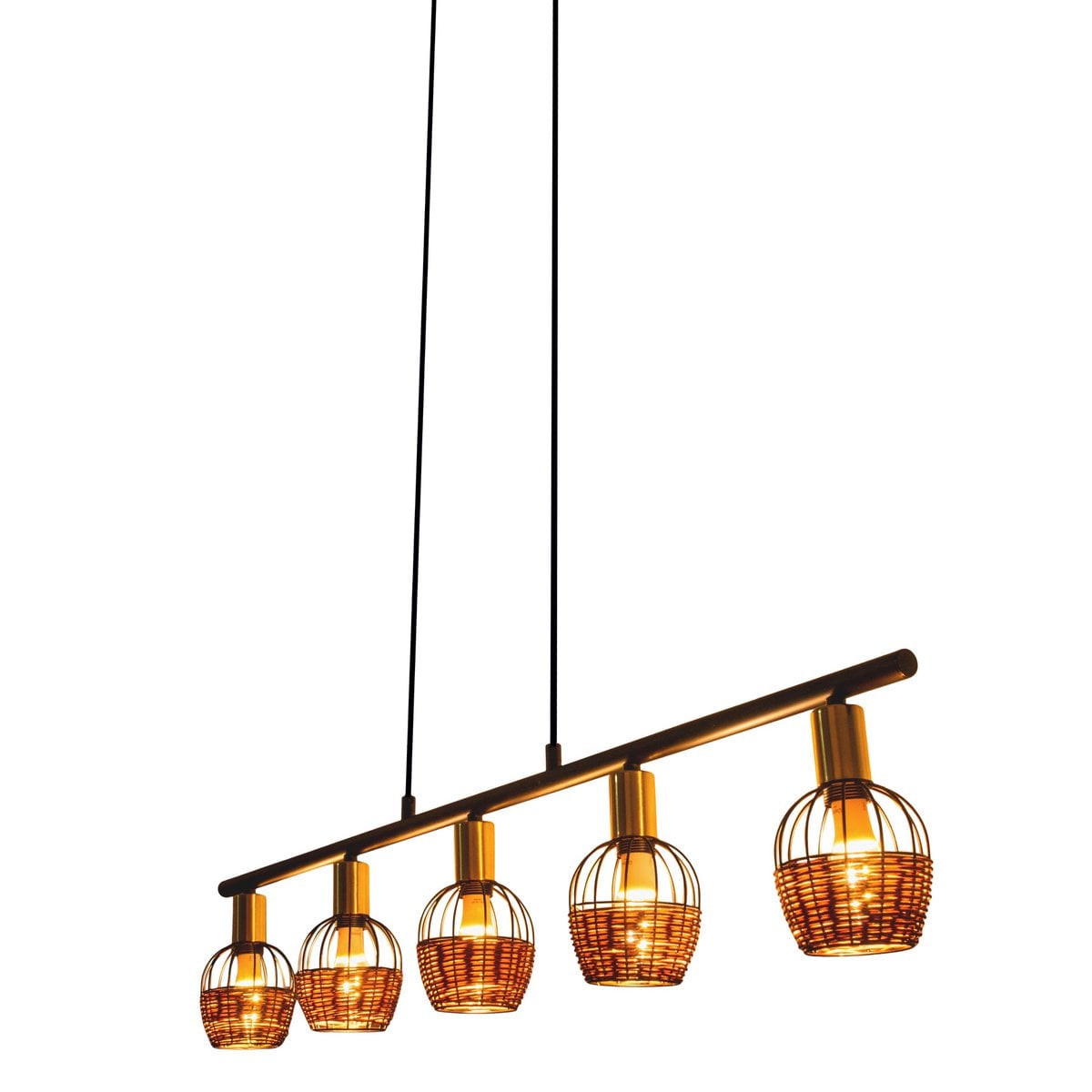 5 hanglamp "Corbis", echtelijke lamp gemaakt van zwart in zwart, met goud en rotan, met E14 -aansluiting, voor eetkamer, woonkamer, gang of kantoor, 100 cm lang