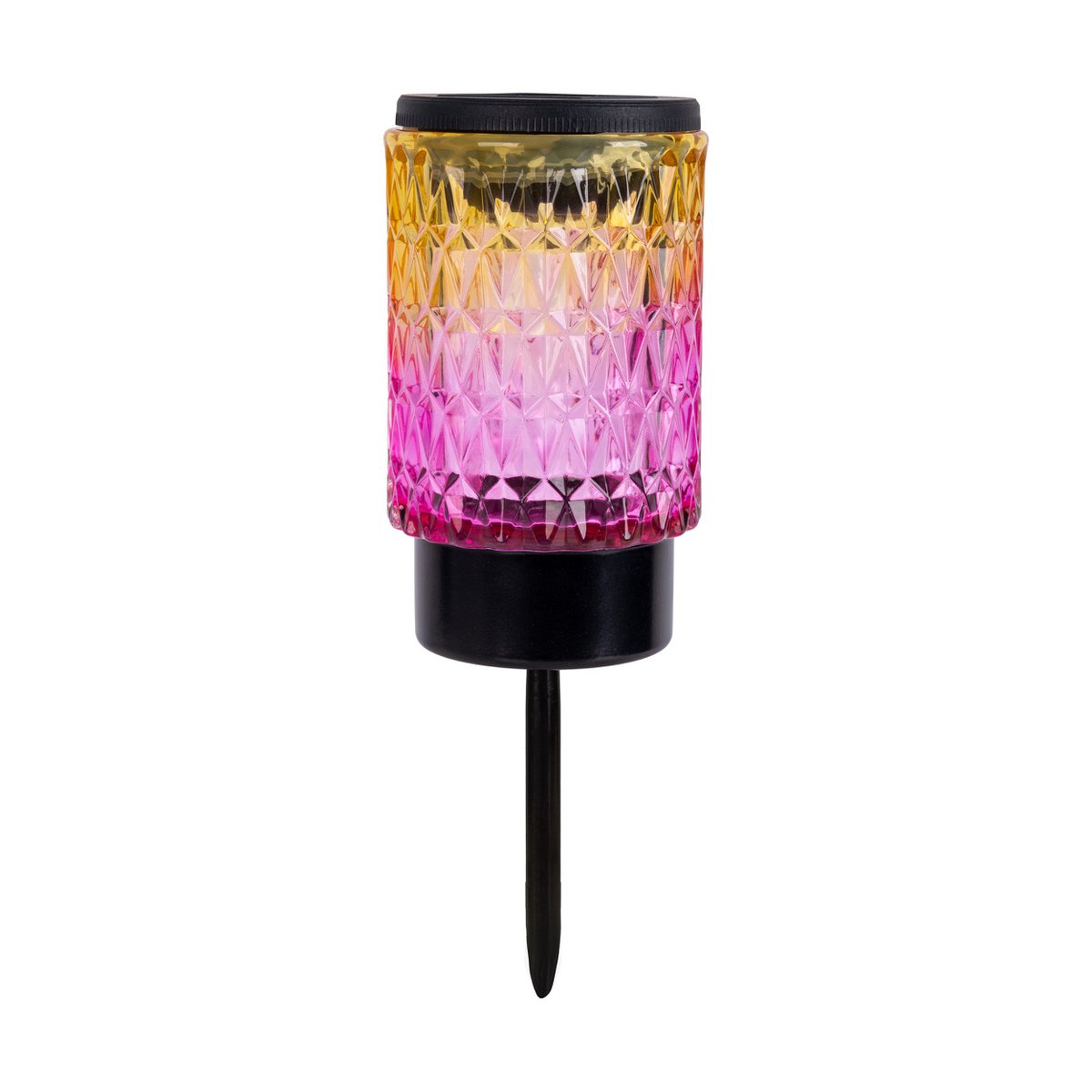 Zonne -decoratieve spiesjes "Mila" 2 set, Ø 8,3 cm, 25 cm hoog, zwart metaal, zwaar, gestructureerd glas in rood/geel en in blauw/groen, geïntegreerd LED, warm wit