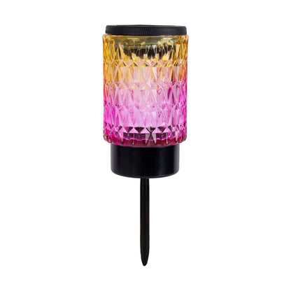 Zonne -decoratieve spiesjes "Mila" 2 set, Ø 8,3 cm, 25 cm hoog, zwart metaal, zwaar, gestructureerd glas in rood/geel en in blauw/groen, geïntegreerd LED, warm wit