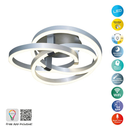 Smart Home LED plafondlicht "Divora" Ø 58 cm, plafondlamp gemaakt van metaal, aluminium geborsteld en wit plastic, met veel functies, stevig gebouwd -in LED's, verlichting voor woonkamer, eetkamerkantoor of gang