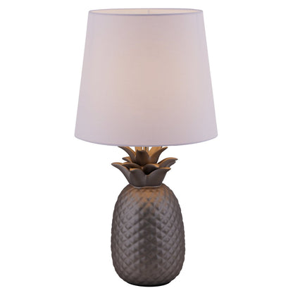 Keramisch tafellicht "ananas", keramische tafellamp met zilverkleurig glazuur en wit stofscherm, met E14-aansluiting, voor eetkamer, woonkamer, gang of kantoor, taflamp 45 cm hoog