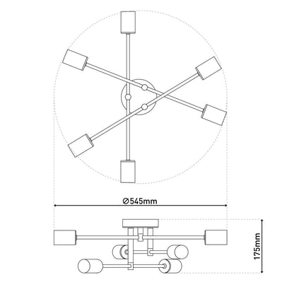 Plafondlicht "Modo" 6-flame gemaakt van metaal in zwart, versies goud, E27-aansluiting, plafondlamp voor woonkamer, eetkamer, keuken, gang, gang of kantoor met een Øvon 54,5 cm