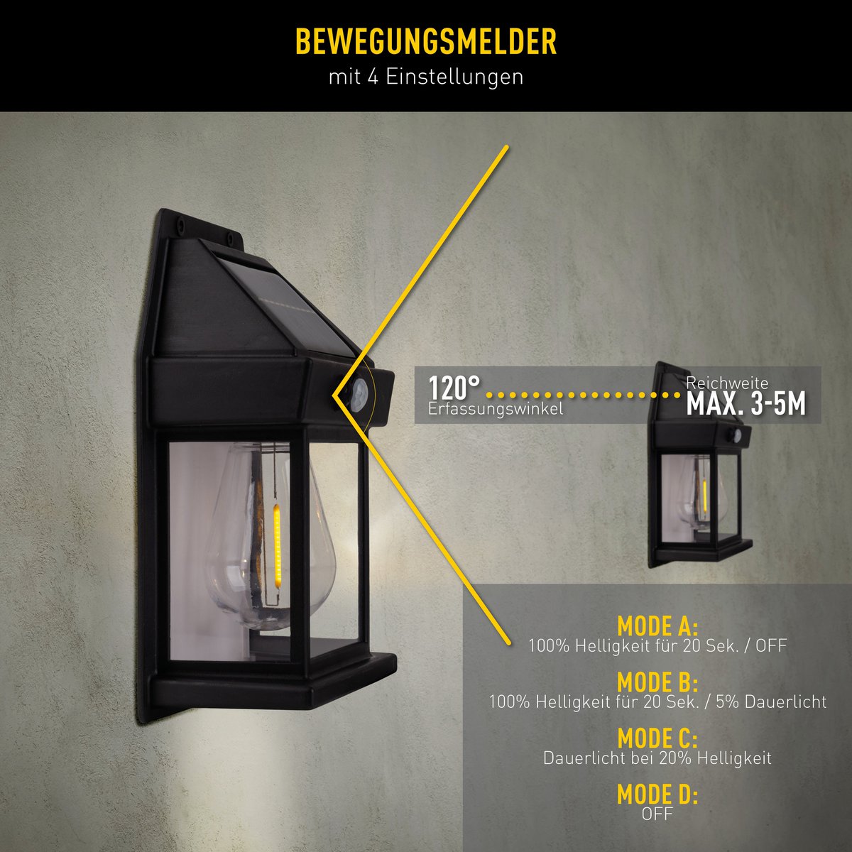 2 Set Solar Wall Lamp "Mira" ca. 17 cm hoog, gemaakt van zwart weerbestendig plastic, geïntegreerde LED in warm wit, inclusief bewegingsdetector en schemeringsensor