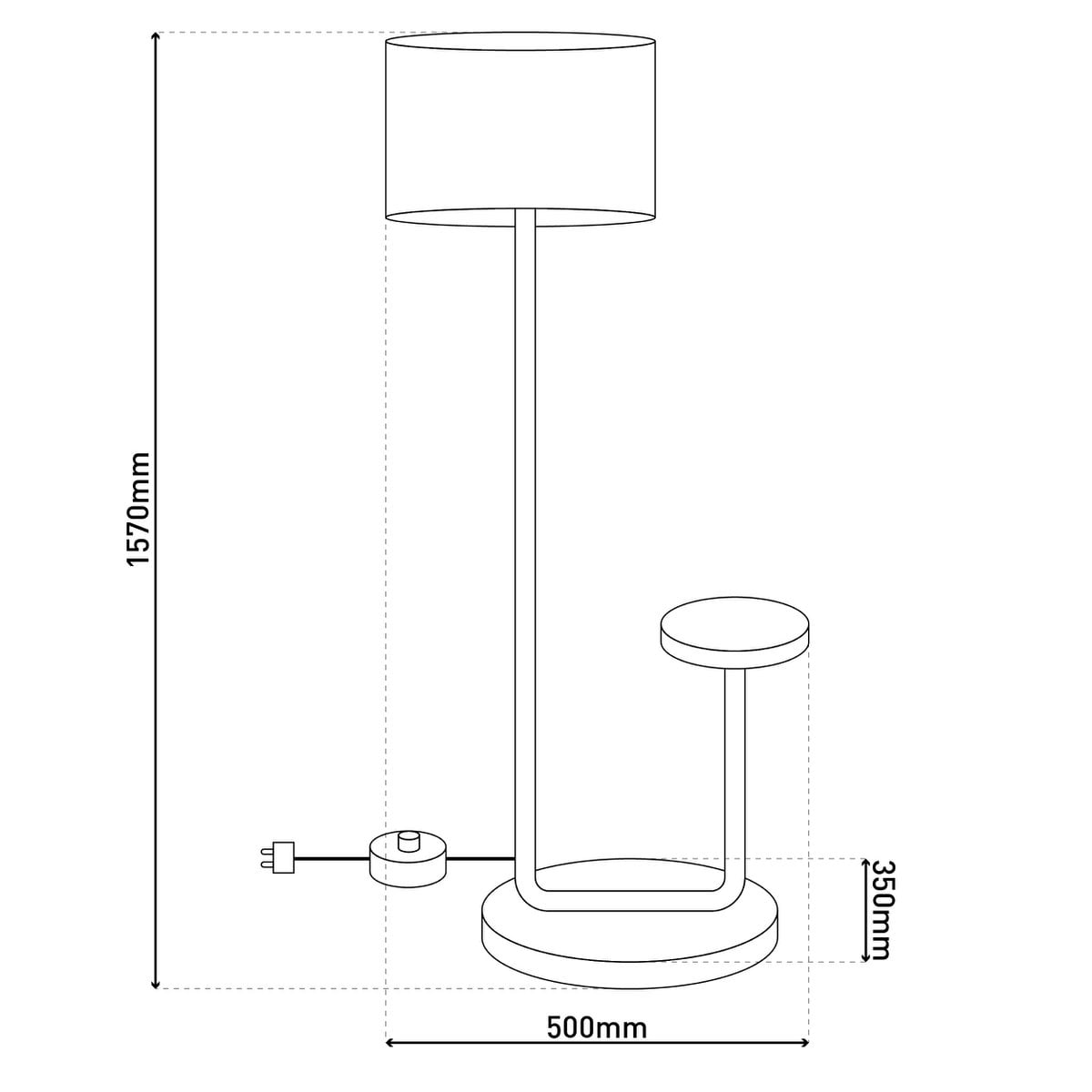 Staande lamp met geïntegreerde "tordis" -tafel gemaakt van zwart metaal en natuurlijk wit textielmateriaal, 157 cm hoog, E27