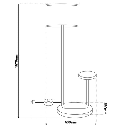 Staande lamp met geïntegreerde "tordis" -tafel gemaakt van zwart metaal en natuurlijk wit textielmateriaal, 157 cm hoog, E27