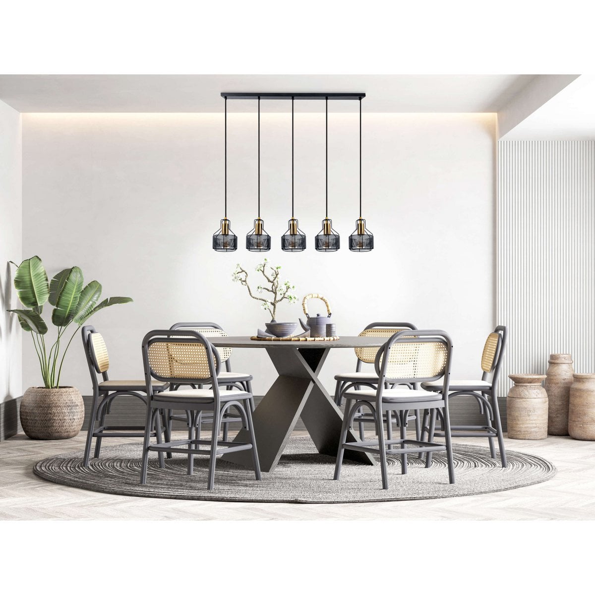 5 hanger lamp "foro" retro hanger lamp gemaakt van metaal in zwart en goud met E27 -versies, 96 cm lang. Stijlvolle verlichting voor woonkamer, eetkamer of keuken.