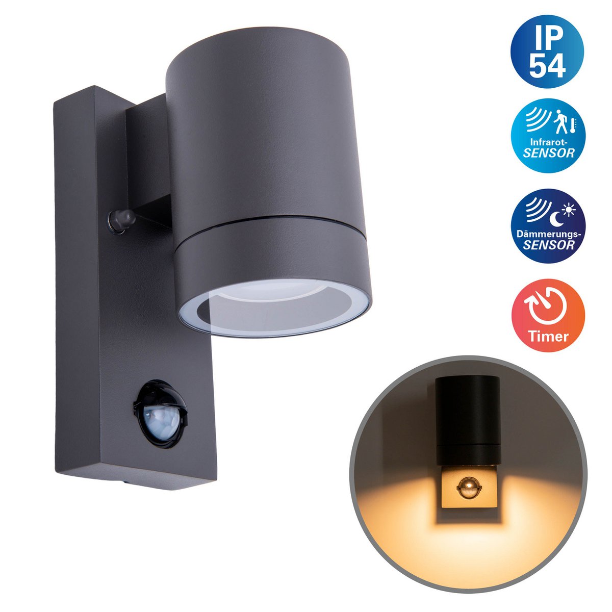 Buiten Wall Lamp "Romb" met bewegingsdetector, antraciet -gekleurd aluminium, timer, veranderbare lamp, 7 x 12,5 x 16,4 cm