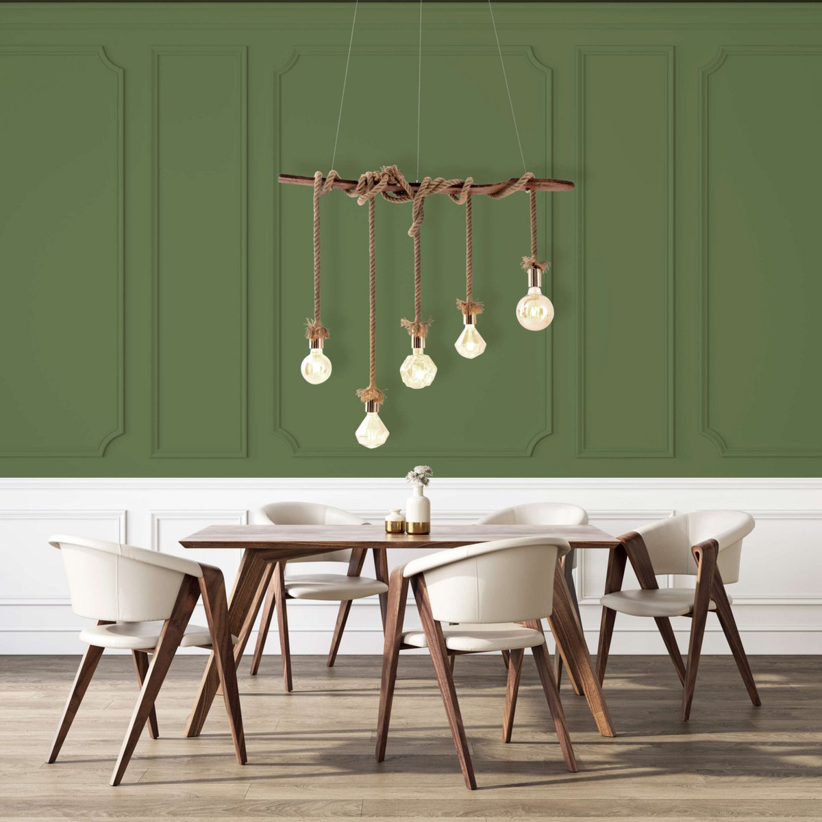 Hanger lamp "touw" 5flg. Hanglamp gemaakt van hout en touw in de natuur, E27 -versie, verlichting voor woonkamer of kantoor