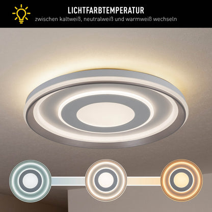 LED-plafondlamp "Doira" Ø 50,5 cm, 7,5 cm hoog, metaal en plastic in zilver en wit, geïntegreerde LED's, 3600 lm licht licht, dimable, CCT-functie 3000-6500 K, nachtlichtfunctie