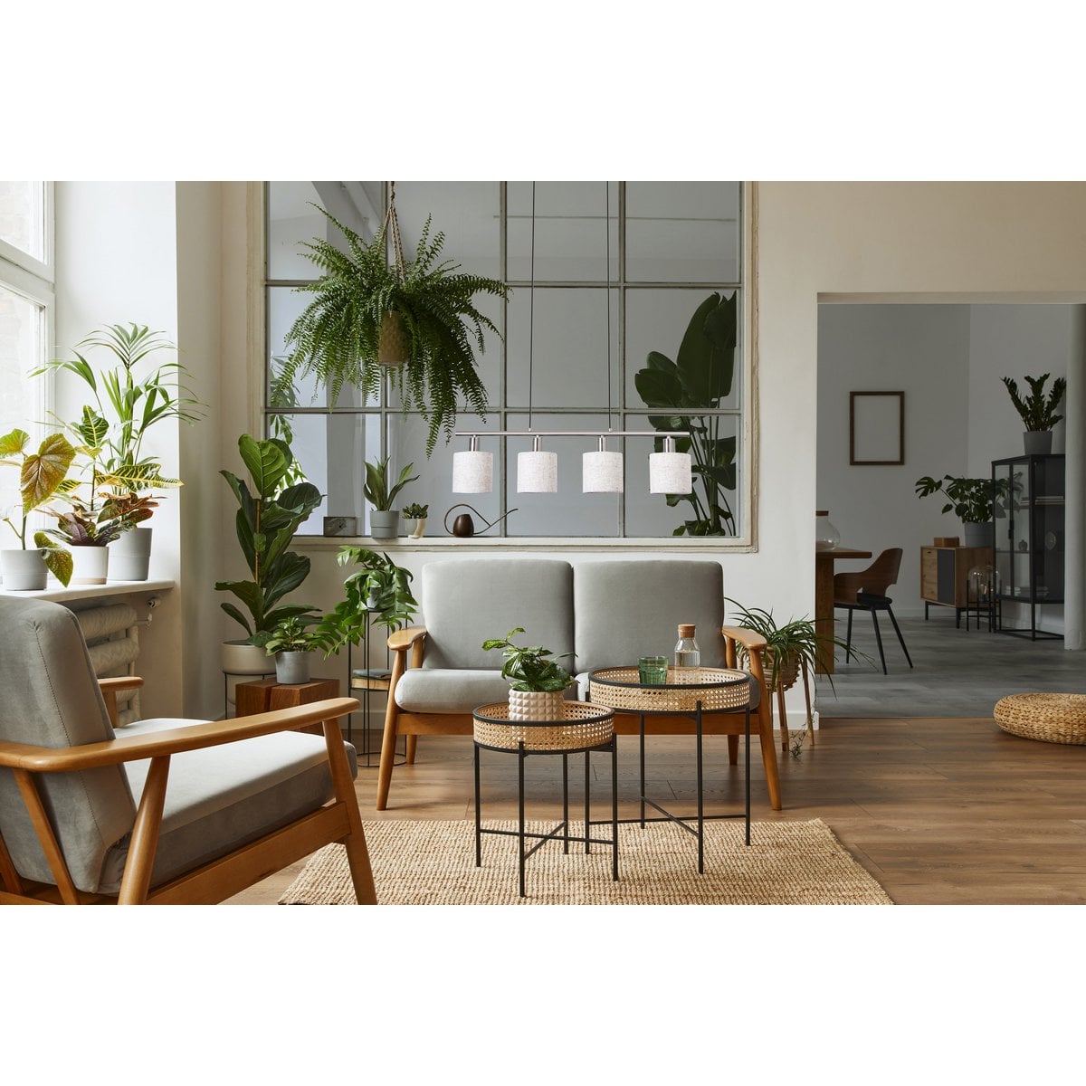 4 hanger lamp "maron" gemaakt van metalen satin mat met stof paraplu's in de natuur, met E14-aansluiting, lamp voor woonkamer of eetkamer, 71,5 x 12 cm