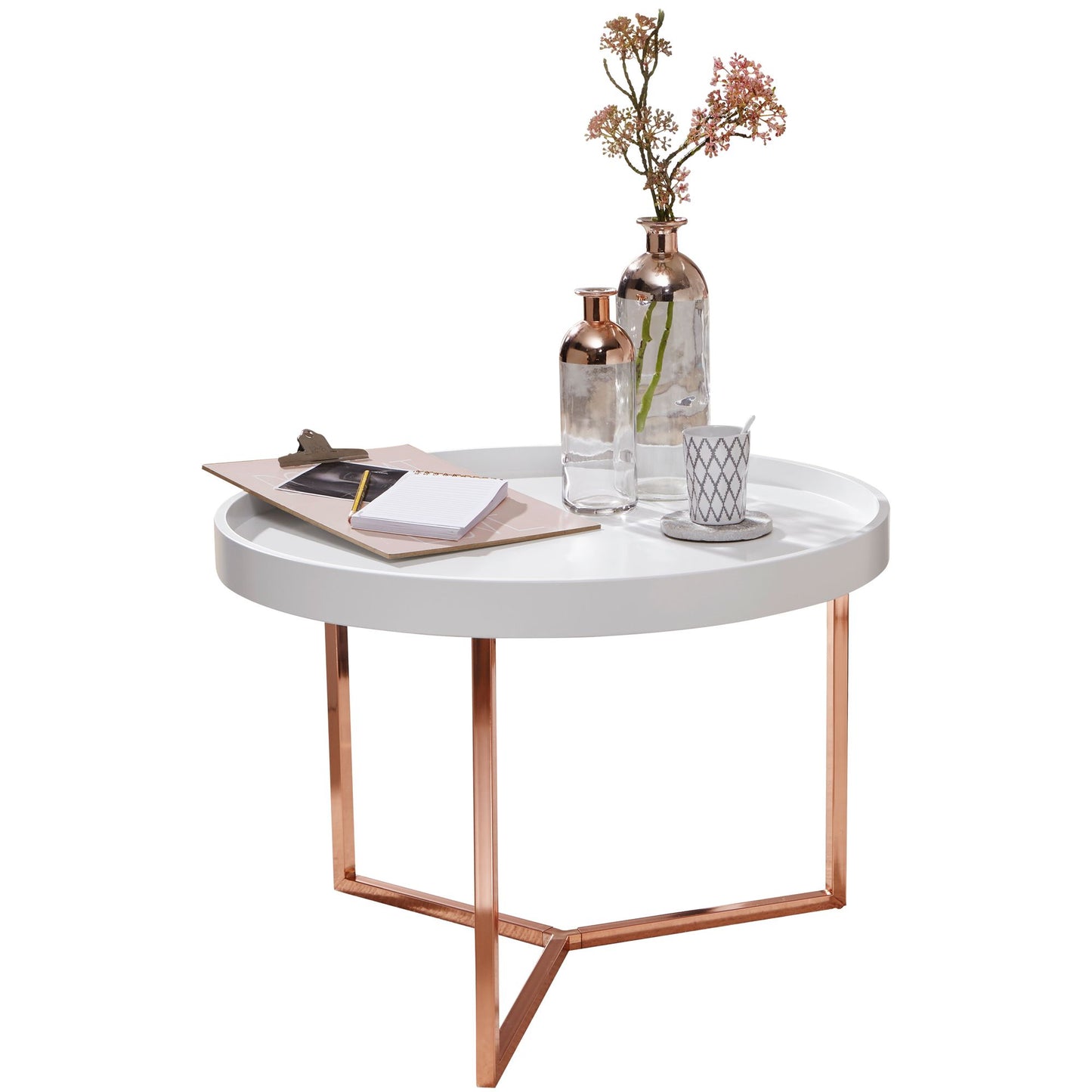 coffee table EVA 58.5x42x58.5cm white / copper coffee table metal round | Design retro coffee table modern | Small lounge table with metal frame | Round tray table with wooden top