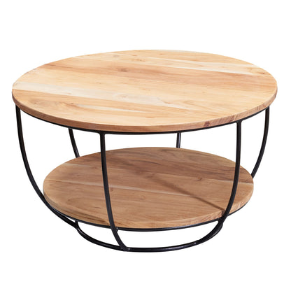 Salontafel 60x34,5x60 cm acacia massief houten / metalen salontafel | Design woonkamer tafel rond | Lounge tafel Industrial Brown | Tafel met plank