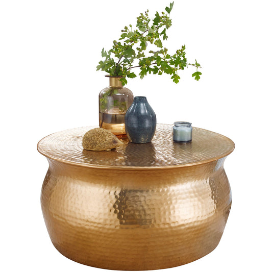 salontafel KARAM 60x30,5x60 cm aluminium gouden bijzettafel oosterse rond | Plat gehamerd koffietafeltje metaal Design salontafel modern | Tafel klein Indiaas stub tafel klein
