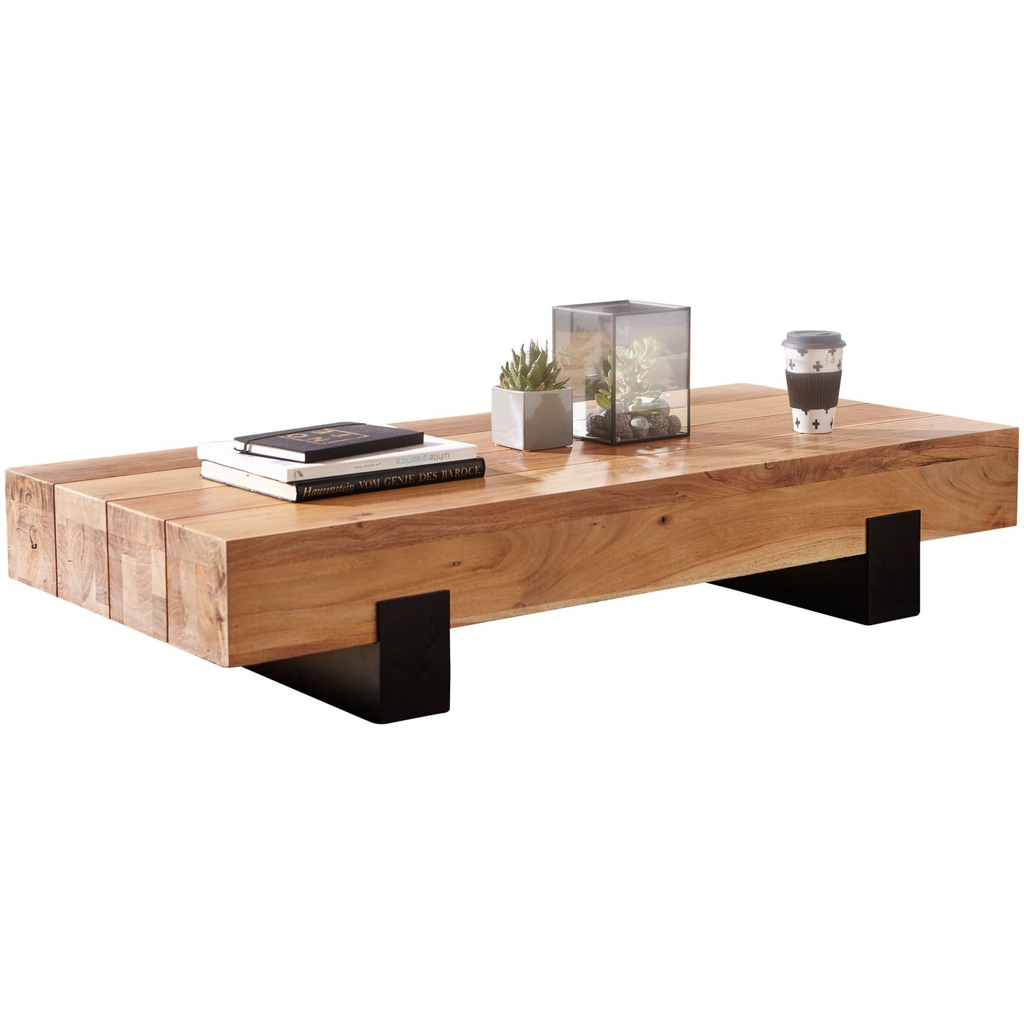 coffee table SORON 130x25x59cm Acacia solid wood / metal sofa table | Design Coffee Table Modern | Stubentable Brown / Black | Designer coffee table solid | Table Living Room Rectangular